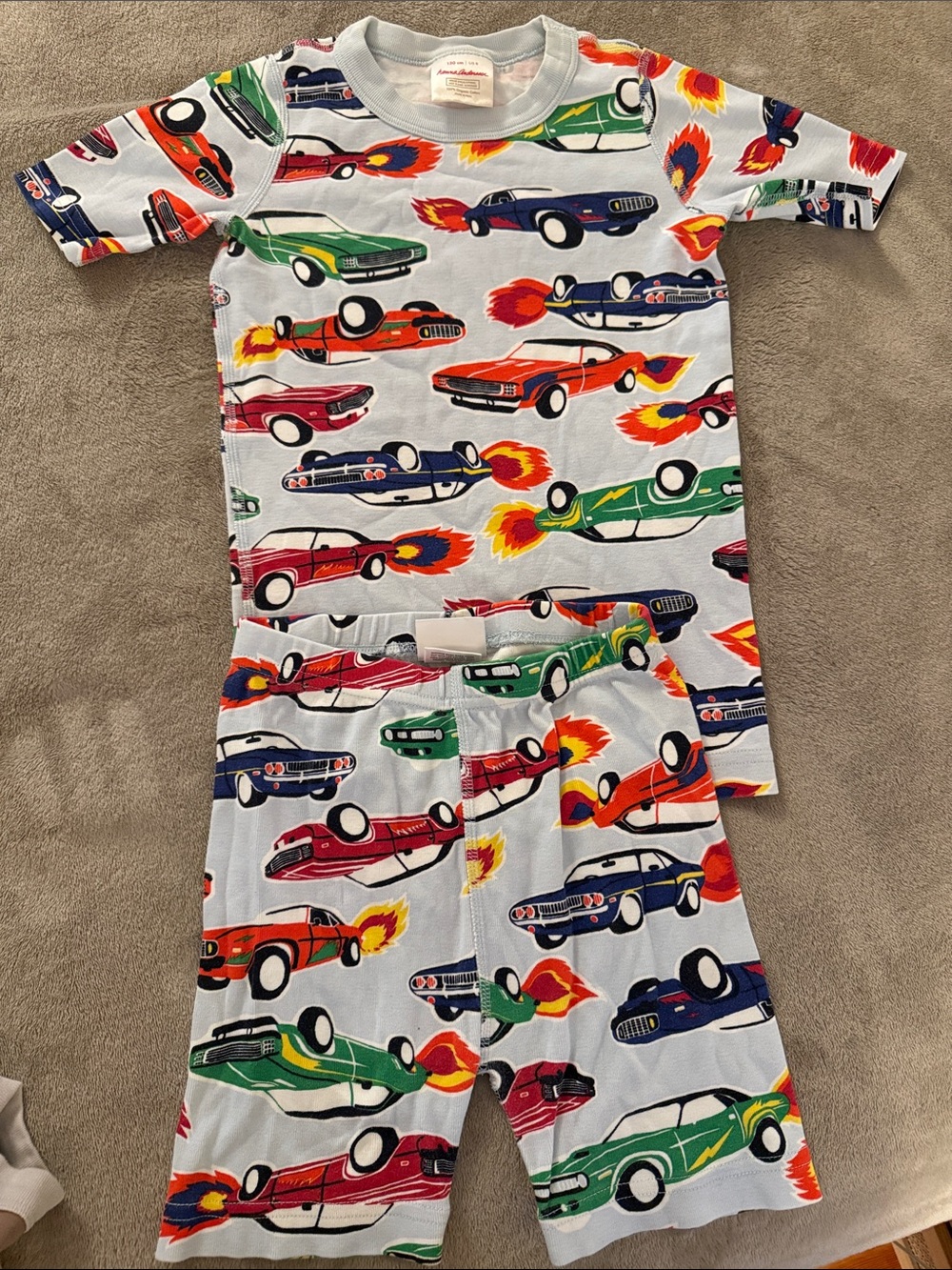 Hanna Andersson Light Blue Race Car Pajama Set with Red, Green & Navy Cars